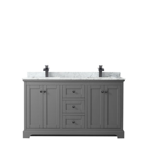 Avery 60 Inch Double Bathroom Vanity in Dark Gray White Carrara Marble Countertop Undermount Square Sinks Matte Black Trim