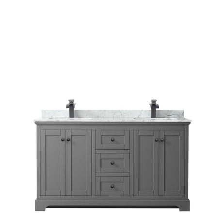Avery 60 Inch Double Bathroom Vanity in Dark Gray White Carrara Marble Countertop Undermount Square Sinks Matte Black Trim