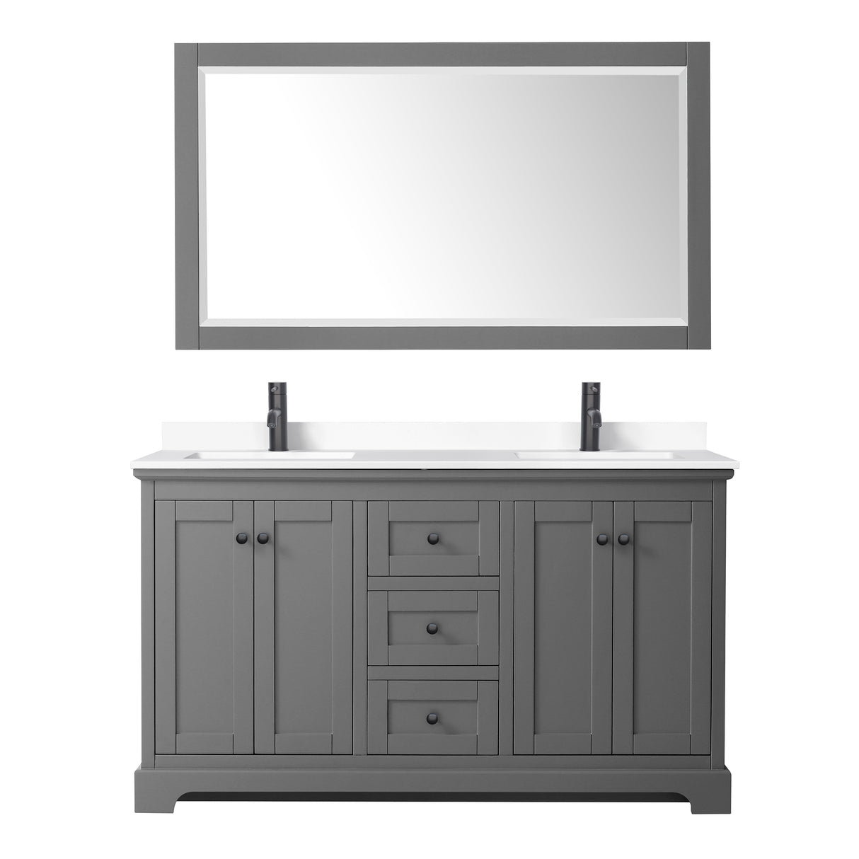 Avery 60 Inch Double Bathroom Vanity in Dark Gray White Cultured Marble Countertop Undermount Square Sinks Matte Black Trim 58 Inch Mirror