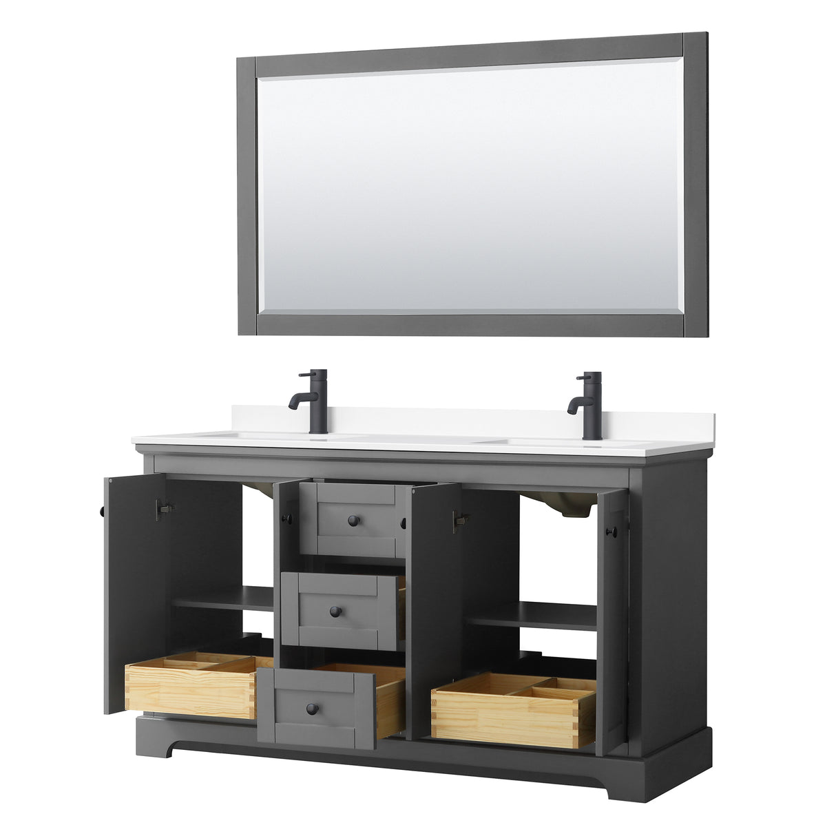 Avery 60 Inch Double Bathroom Vanity in Dark Gray White Cultured Marble Countertop Undermount Square Sinks Matte Black Trim 58 Inch Mirror