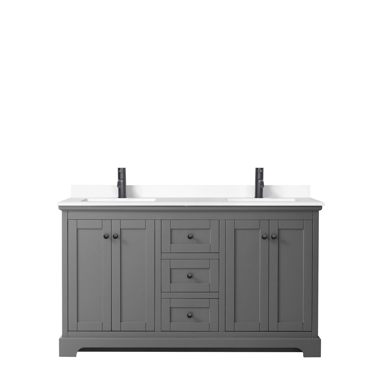 Avery 60 Inch Double Bathroom Vanity in Dark Gray White Cultured Marble Countertop Undermount Square Sinks Matte Black Trim