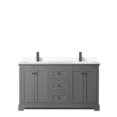 Avery 60 Inch Double Bathroom Vanity in Dark Gray White Cultured Marble Countertop Undermount Square Sinks Matte Black Trim