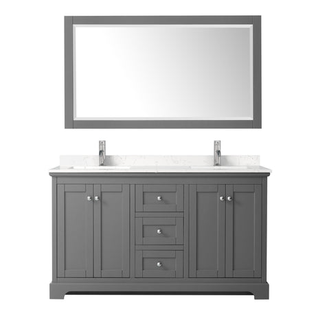Avery 60 Inch Double Bathroom Vanity in Dark Gray Carrara Cultured Marble Countertop Undermount Square Sinks 58 Inch Mirror