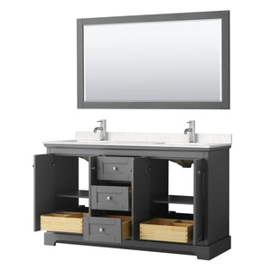 Avery 60 Inch Double Bathroom Vanity in Dark Gray Carrara Cultured Marble Countertop Undermount Square Sinks 58 Inch Mirror