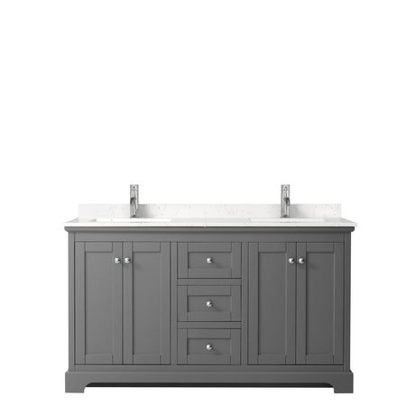 Avery 60 Inch Double Bathroom Vanity in Dark Gray Carrara Cultured Marble Countertop Undermount Square Sinks No Mirror