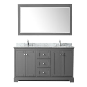 Avery 60 Inch Double Bathroom Vanity in Dark Gray White Carrara Marble Countertop Undermount Oval Sinks and 58 Inch Mirror