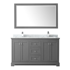 Avery 60 Inch Double Bathroom Vanity in Dark Gray White Carrara Marble Countertop Undermount Square Sinks and 58 Inch Mirror
