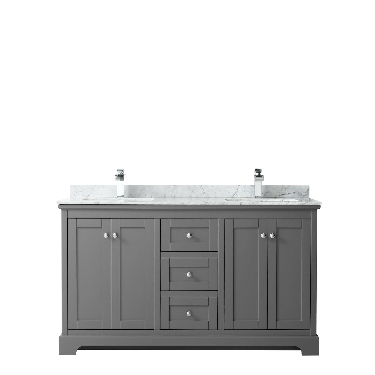 Avery 60 Inch Double Bathroom Vanity in Dark Gray White Carrara Marble Countertop Undermount Square Sinks and No Mirror