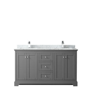 Avery 60 Inch Double Bathroom Vanity in Dark Gray White Carrara Marble Countertop Undermount Square Sinks and No Mirror