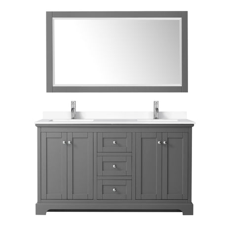 Avery 60 Inch Double Bathroom Vanity in Dark Gray White Cultured Marble Countertop Undermount Square Sinks 58 Inch Mirror