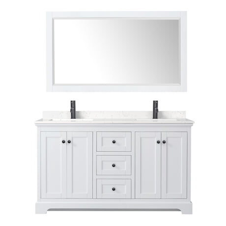 Avery 60 Inch Double Bathroom Vanity in White Carrara Cultured Marble Countertop Undermount Square Sinks Matte Black Trim 58 Inch Mirror
