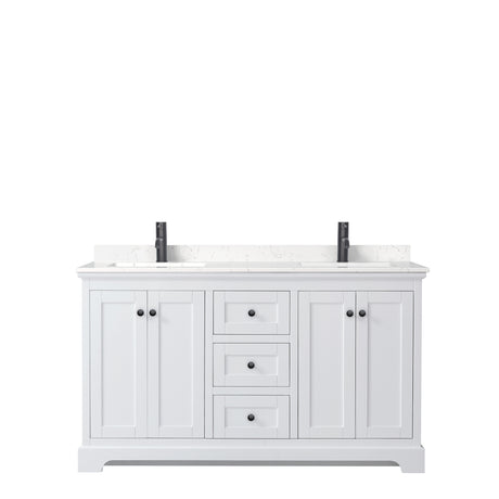 Avery 60 Inch Double Bathroom Vanity in White Carrara Cultured Marble Countertop Undermount Square Sinks Matte Black Trim