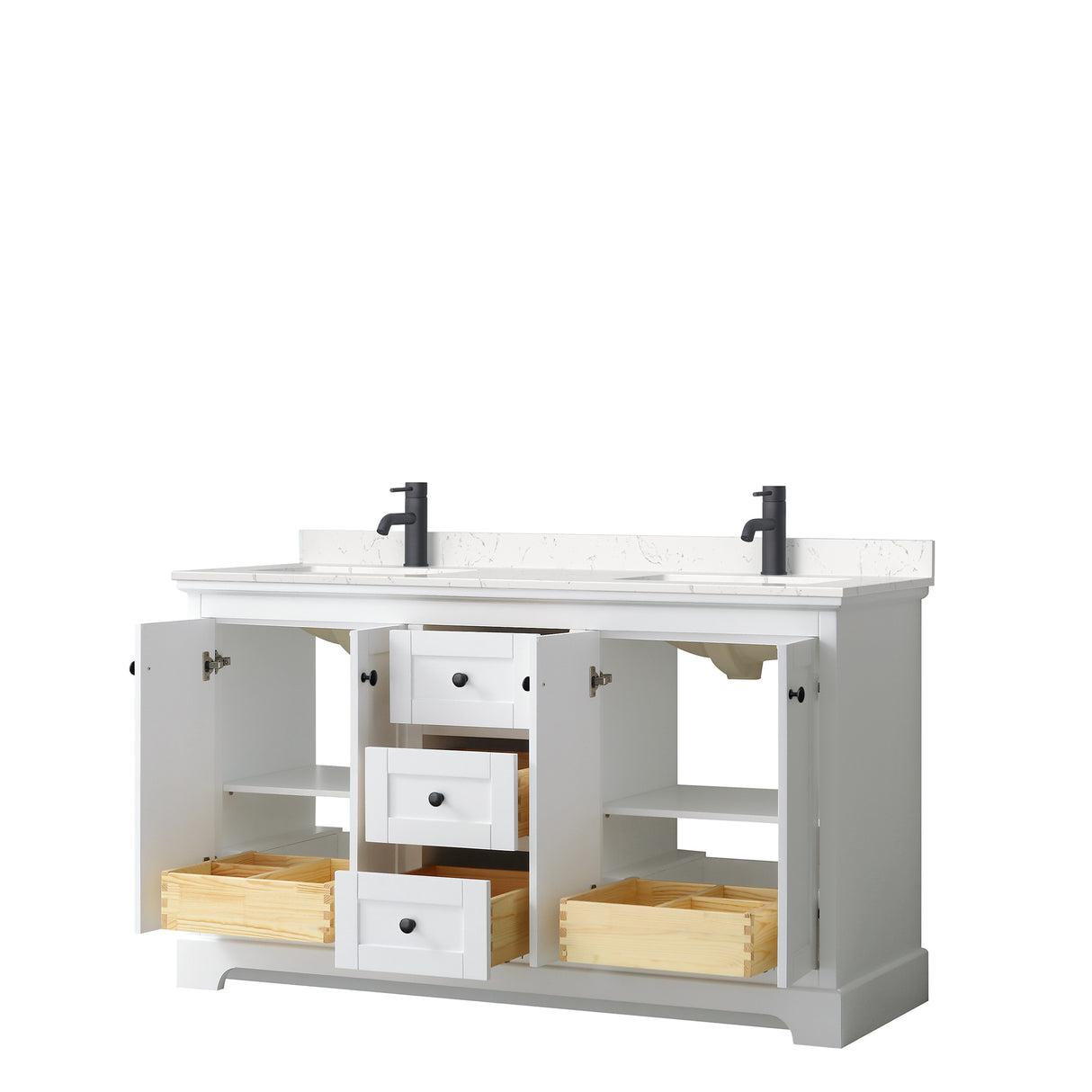 Avery 60 Inch Double Bathroom Vanity in White Carrara Cultured Marble Countertop Undermount Square Sinks Matte Black Trim