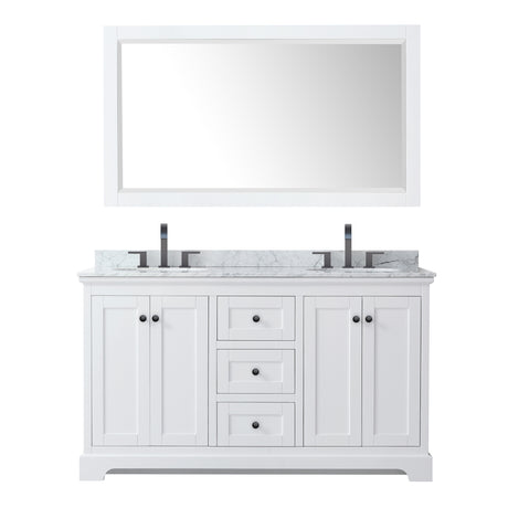 Avery 60 Inch Double Bathroom Vanity in White White Carrara Marble Countertop Undermount Oval Sinks Matte Black Trim 58 Inch Mirror