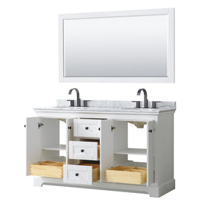 Avery 60 Inch Double Bathroom Vanity in White White Carrara Marble Countertop Undermount Oval Sinks Matte Black Trim 58 Inch Mirror