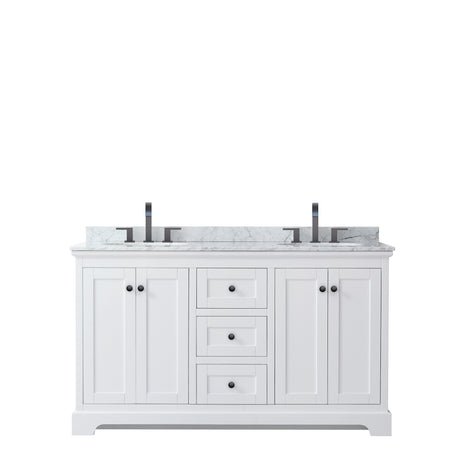 Avery 60 Inch Double Bathroom Vanity in White White Carrara Marble Countertop Undermount Oval Sinks Matte Black Trim