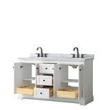 Avery 60 Inch Double Bathroom Vanity in White White Carrara Marble Countertop Undermount Oval Sinks Matte Black Trim