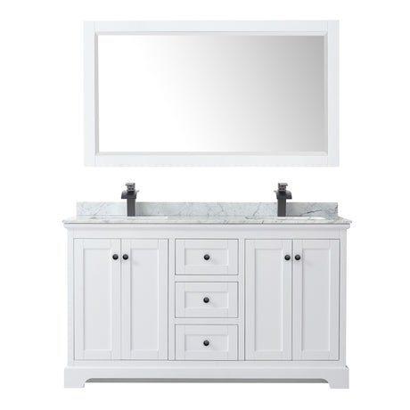 Avery 60 Inch Double Bathroom Vanity in White White Carrara Marble Countertop Undermount Square Sinks Matte Black Trim 58 Inch Mirror