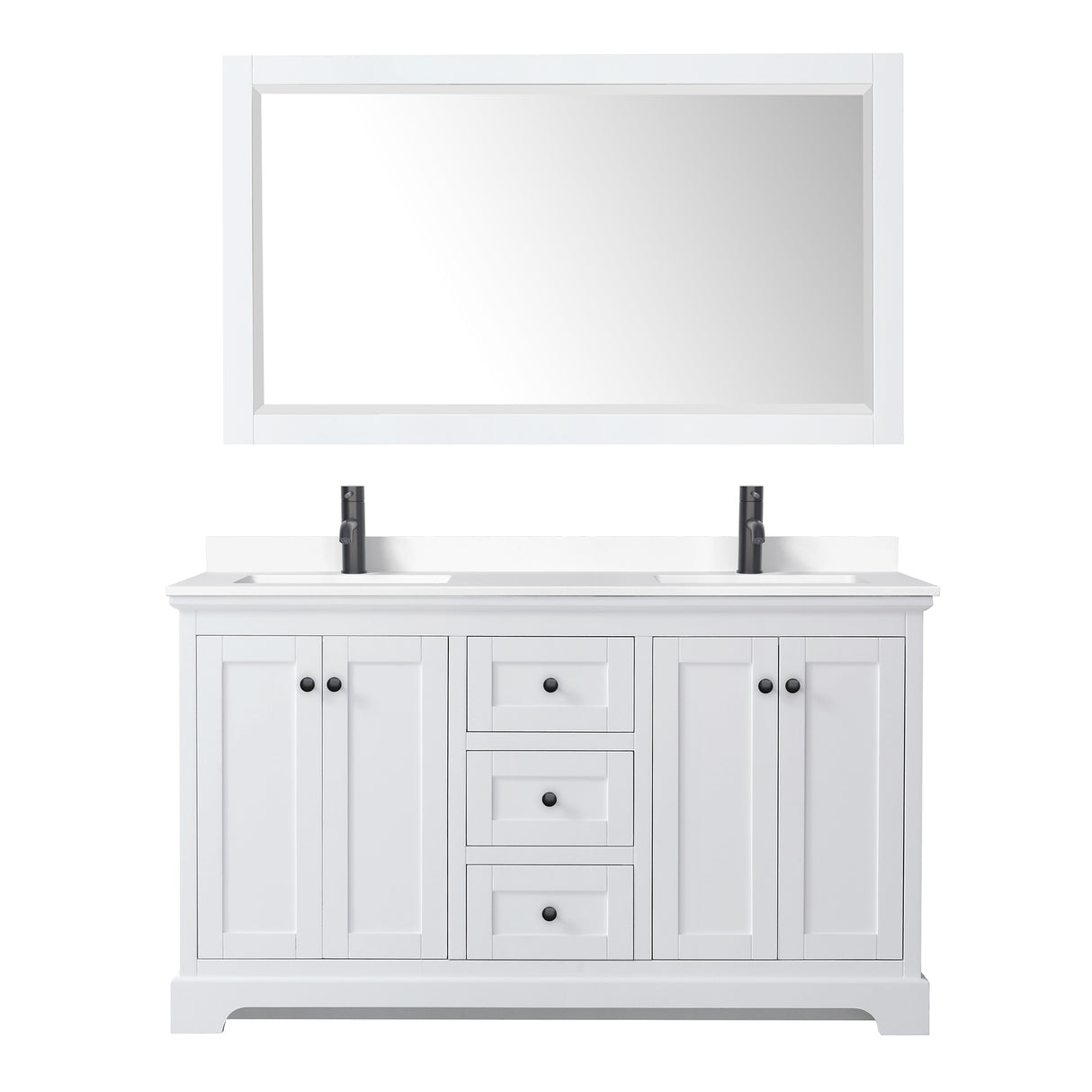 Avery 60 Inch Double Bathroom Vanity in White White Cultured Marble Countertop Undermount Square Sinks Matte Black Trim 58 Inch Mirror