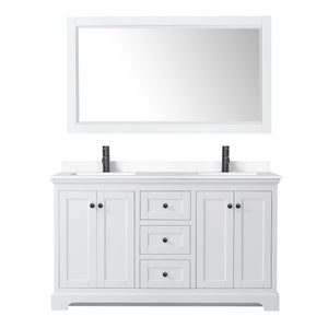 Avery 60 Inch Double Bathroom Vanity in White White Cultured Marble Countertop Undermount Square Sinks Matte Black Trim 58 Inch Mirror