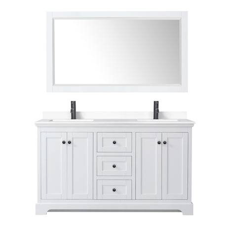 Avery 60 Inch Double Bathroom Vanity in White White Cultured Marble Countertop Undermount Square Sinks Matte Black Trim 58 Inch Mirror