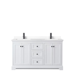 Avery 60 Inch Double Bathroom Vanity in White White Cultured Marble Countertop Undermount Square Sinks Matte Black Trim