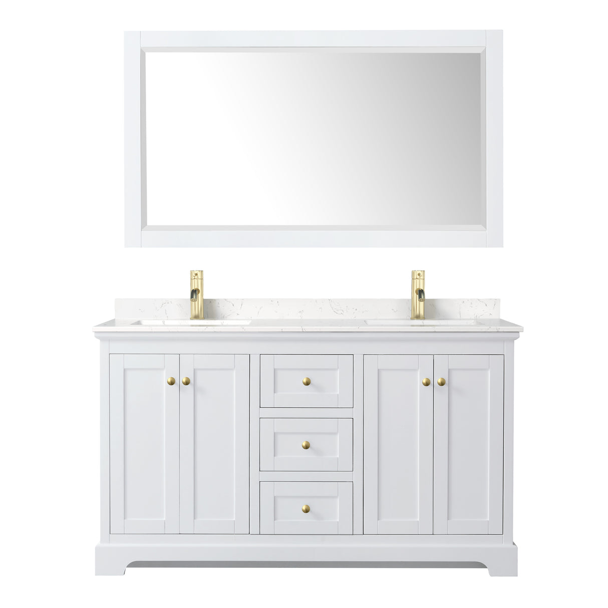 Avery 60 Inch Double Bathroom Vanity in White Carrara Cultured Marble Countertop Undermount Square Sinks 58 Inch Mirror Brushed Gold Trim