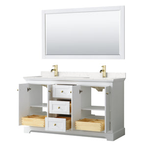 Avery 60 Inch Double Bathroom Vanity in White Carrara Cultured Marble Countertop Undermount Square Sinks 58 Inch Mirror Brushed Gold Trim