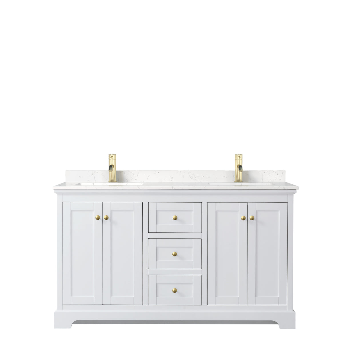 Avery 60 Inch Double Bathroom Vanity in White Carrara Cultured Marble Countertop Undermount Square Sinks Brushed Gold Trim