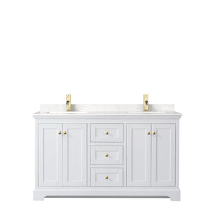 Avery 60 Inch Double Bathroom Vanity in White Carrara Cultured Marble Countertop Undermount Square Sinks Brushed Gold Trim