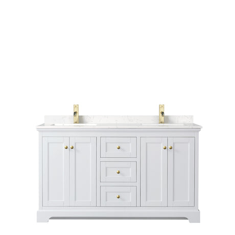 Avery 60 Inch Double Bathroom Vanity in White Carrara Cultured Marble Countertop Undermount Square Sinks Brushed Gold Trim