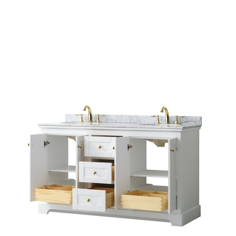 Avery 60 Inch Double Bathroom Vanity in White White Carrara Marble Countertop Undermount Oval Sinks Brushed Gold Trim
