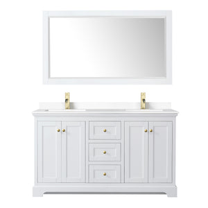 Avery 60 Inch Double Bathroom Vanity in White White Cultured Marble Countertop Undermount Square Sinks 58 Inch Mirror Brushed Gold Trim