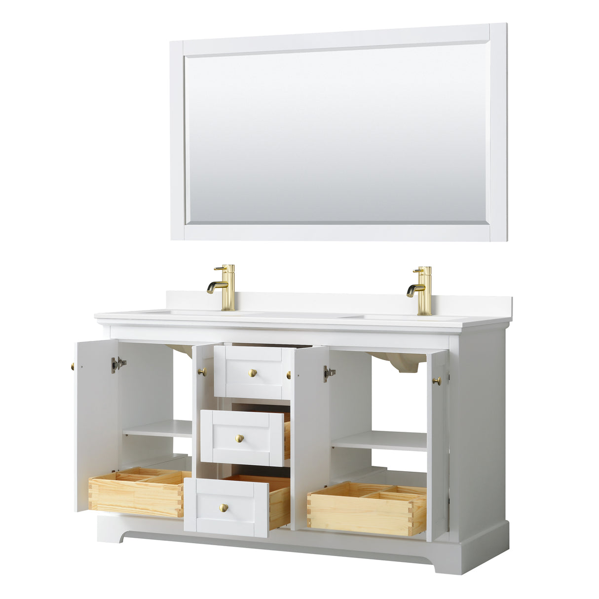 Avery 60 Inch Double Bathroom Vanity in White White Cultured Marble Countertop Undermount Square Sinks 58 Inch Mirror Brushed Gold Trim