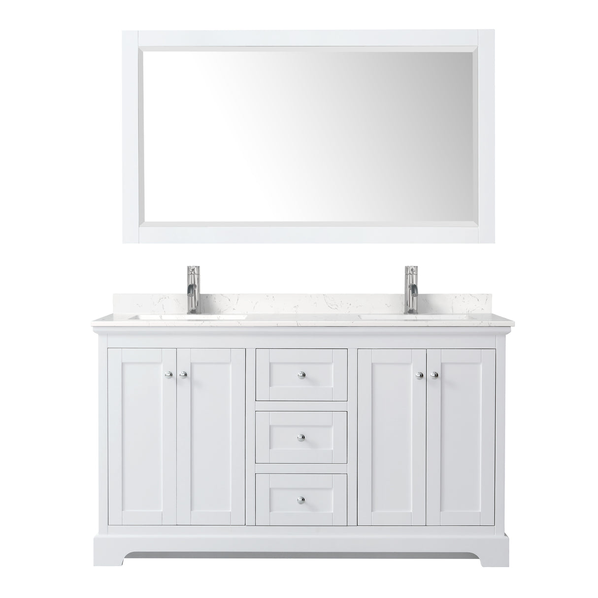 Avery 60 Inch Double Bathroom Vanity in White Carrara Cultured Marble Countertop Undermount Square Sinks 58 Inch Mirror