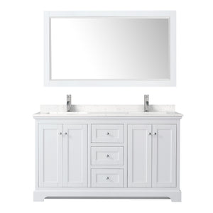 Avery 60 Inch Double Bathroom Vanity in White Carrara Cultured Marble Countertop Undermount Square Sinks 58 Inch Mirror