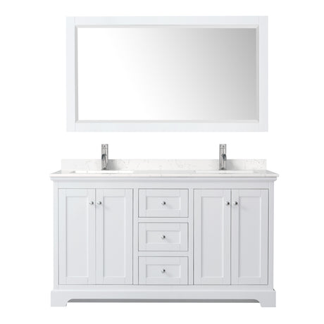 Avery 60 Inch Double Bathroom Vanity in White Carrara Cultured Marble Countertop Undermount Square Sinks 58 Inch Mirror