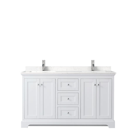 Avery 60 Inch Double Bathroom Vanity in White Carrara Cultured Marble Countertop Undermount Square Sinks No Mirror