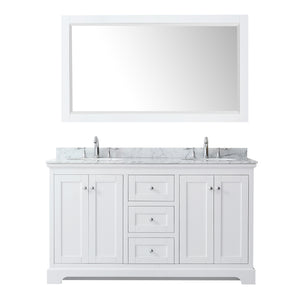 Avery 60 Inch Double Bathroom Vanity in White White Carrara Marble Countertop Undermount Oval Sinks and 58 Inch Mirror