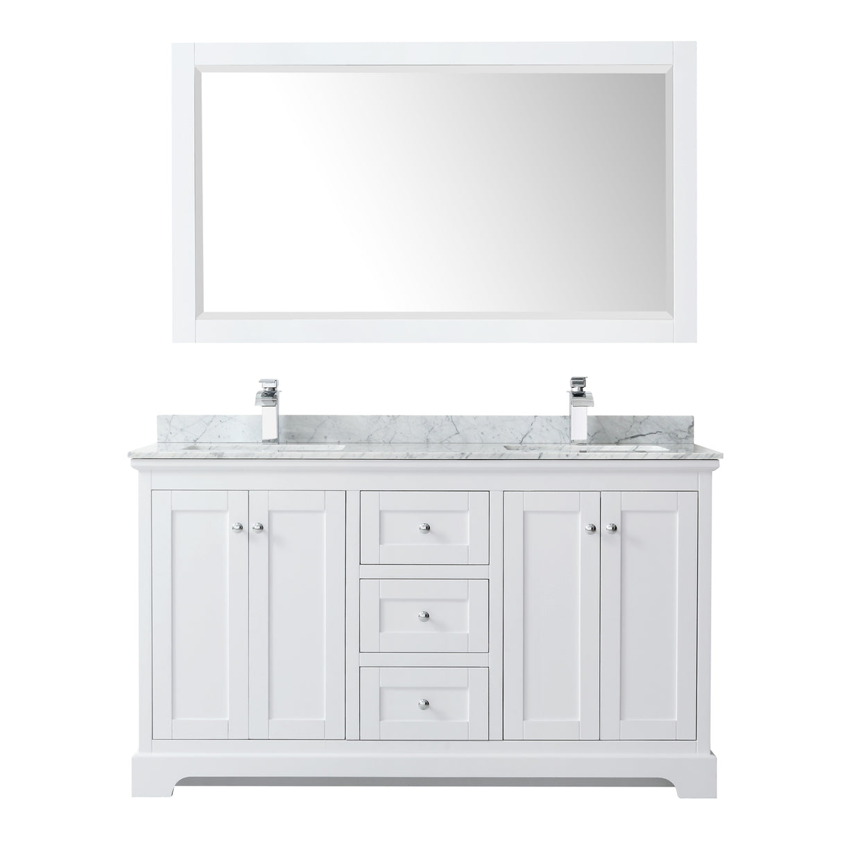 Avery 60 Inch Double Bathroom Vanity in White White Carrara Marble Countertop Undermount Square Sinks and 58 Inch Mirror
