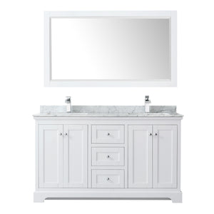 Avery 60 Inch Double Bathroom Vanity in White White Carrara Marble Countertop Undermount Square Sinks and 58 Inch Mirror
