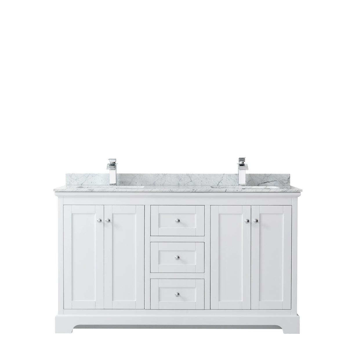 Avery 60 Inch Double Bathroom Vanity in White White Carrara Marble Countertop Undermount Square Sinks and No Mirror