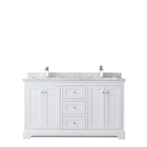 Avery 60 Inch Double Bathroom Vanity in White White Carrara Marble Countertop Undermount Square Sinks and No Mirror
