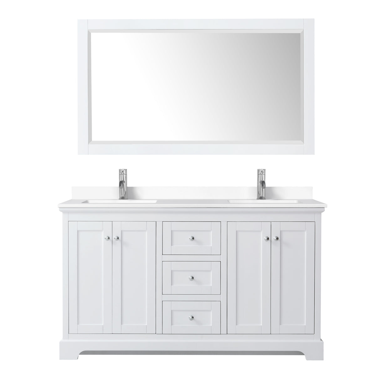 Avery 60 Inch Double Bathroom Vanity in White White Cultured Marble Countertop Undermount Square Sinks 58 Inch Mirror