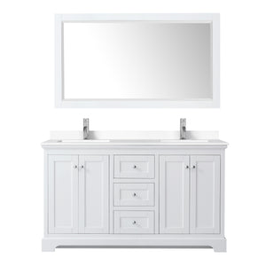 Avery 60 Inch Double Bathroom Vanity in White White Cultured Marble Countertop Undermount Square Sinks 58 Inch Mirror