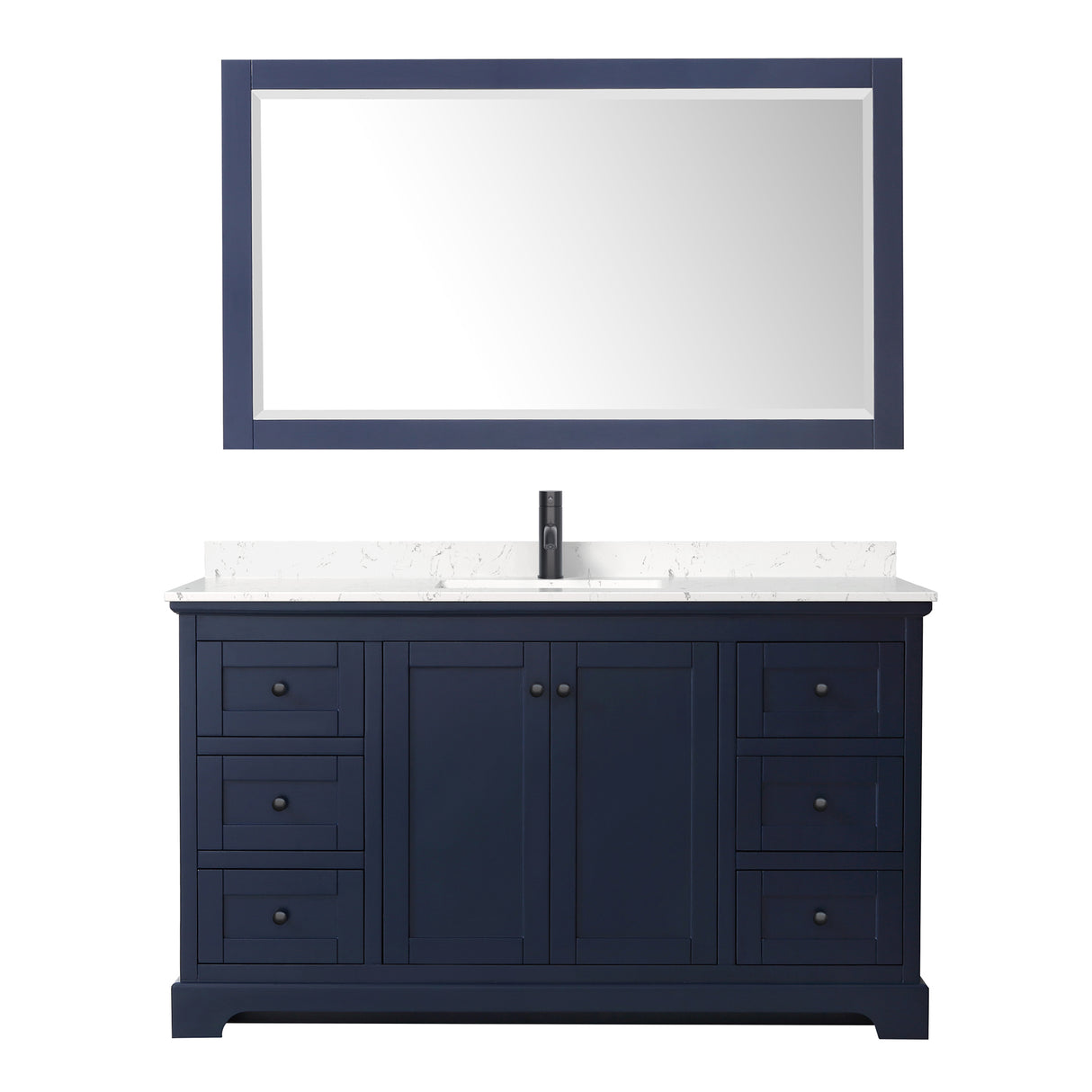Avery 60 Inch Single Bathroom Vanity in Dark Blue Carrara Cultured Marble Countertop Undermount Square Sink Matte Black Trim 58 Inch Mirror