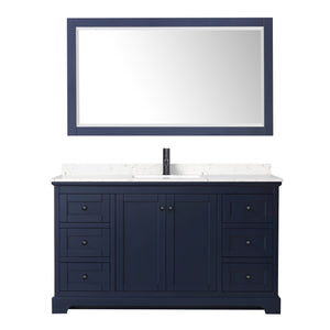 Avery 60 Inch Single Bathroom Vanity in Dark Blue Carrara Cultured Marble Countertop Undermount Square Sink Matte Black Trim 58 Inch Mirror