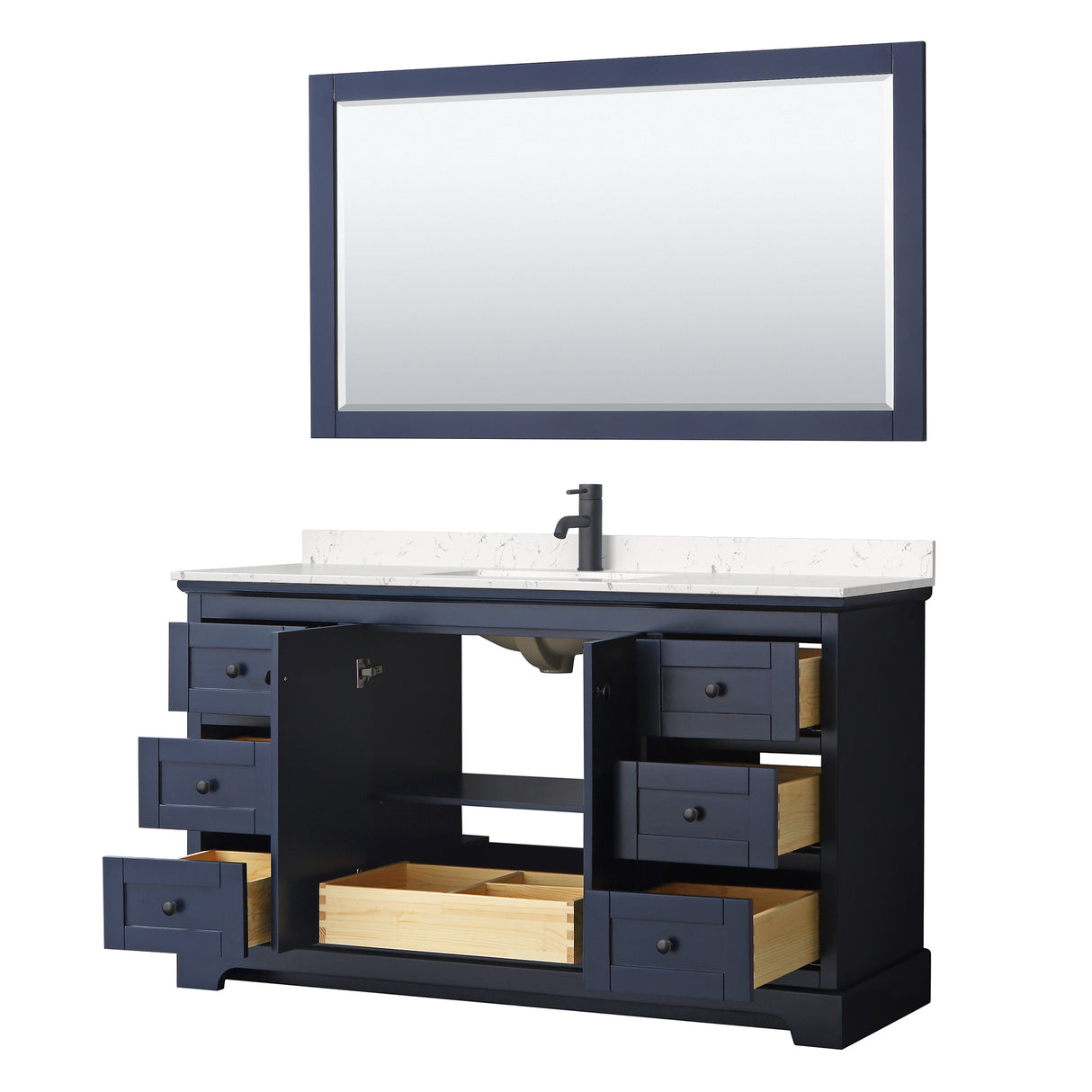 Avery 60 Inch Single Bathroom Vanity in Dark Blue Carrara Cultured Marble Countertop Undermount Square Sink Matte Black Trim 58 Inch Mirror