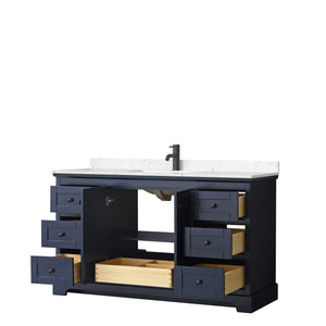 Avery 60 Inch Single Bathroom Vanity in Dark Blue Carrara Cultured Marble Countertop Undermount Square Sink Matte Black Trim