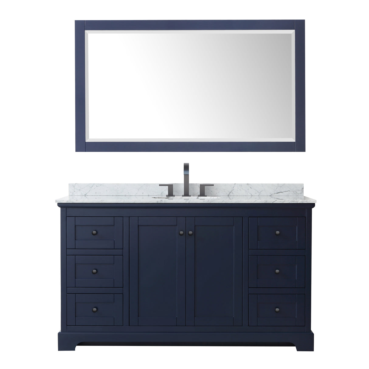 Avery 60 Inch Single Bathroom Vanity in Dark Blue White Carrara Marble Countertop Undermount Oval Sink Matte Black Trim 58 Inch Mirror